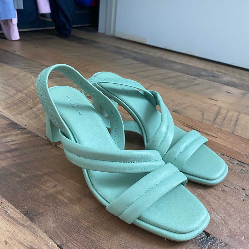 Turquoise/Mint Green Strappy Slingback Block Heels